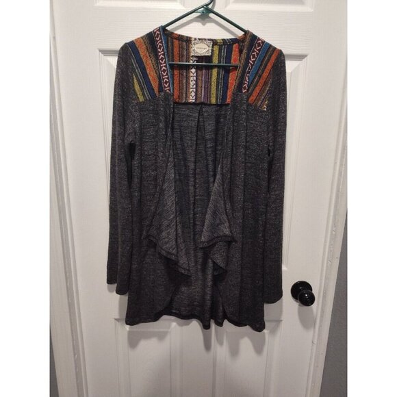 Skonhet Draped Front Open Cardigan Sweater Size XLarge Gray Long Sleeves Stripes - Picture 10 of 12